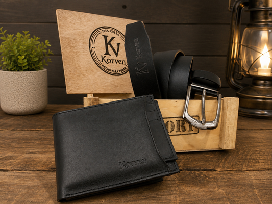 Combo Korven: Correa + Billetera 100% Cuero con Caja de Madera