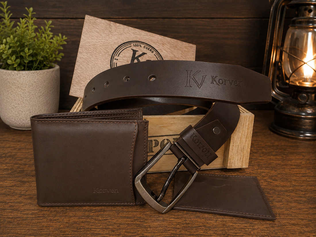 Combo Korven: Correa + Billetera 100% Cuero con Caja de Madera
