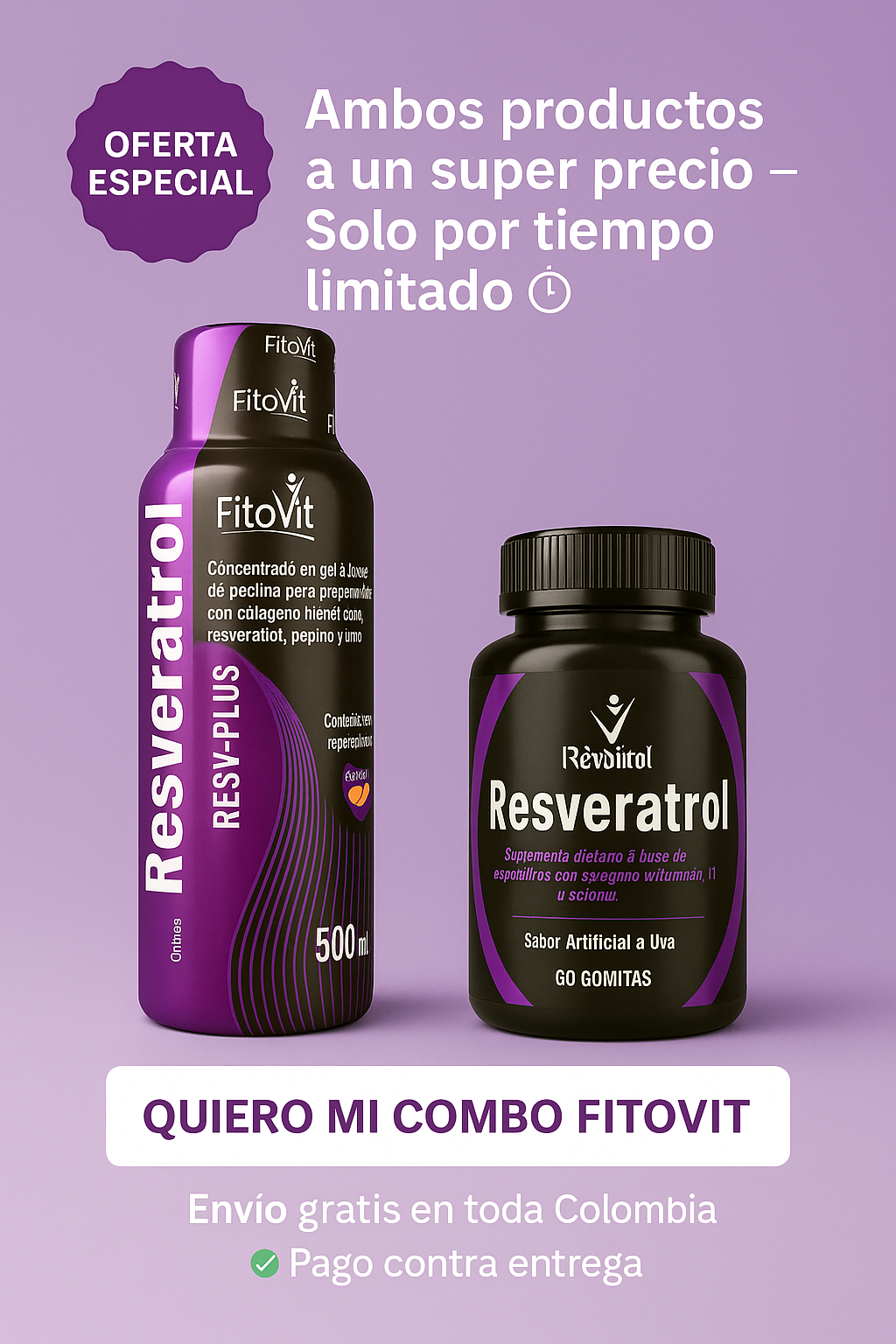 NUEVO COMBO RESVERATROL + COLAGENO  FITOVIT (Líquido 500 ml + 60 Tabletas)
