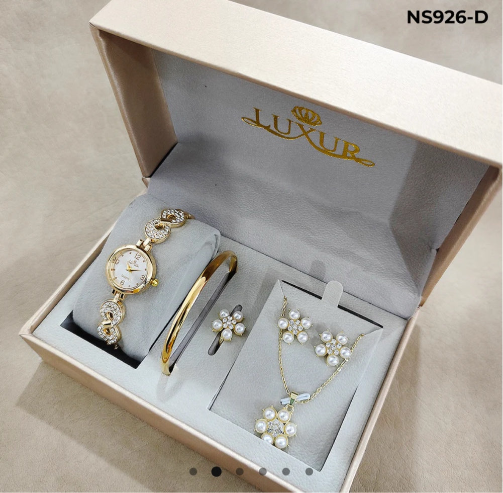 NUEVO KIT LUXUR 5 EN 1: RELOJ + COLLAR + ARETES + ANILLO + PULSERA