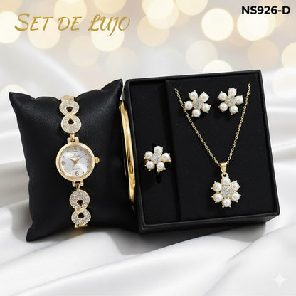 NUEVO KIT LUXUR 5 EN 1: RELOJ + COLLAR + ARETES + ANILLO + PULSERA